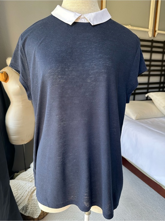 Ann Taylor Tops - Ann Taylor Navy Tee with White Peter Pan Contrast Collar, size XL